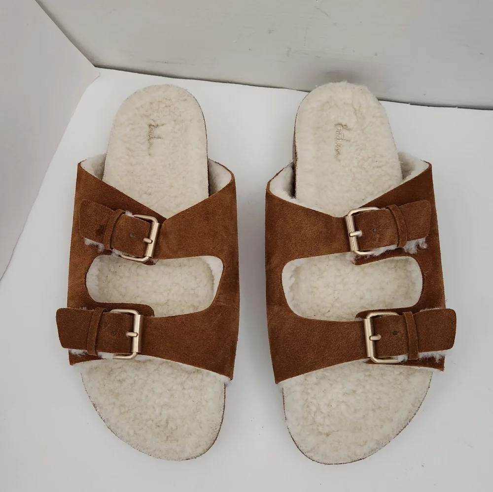 Boden tan suede faux fur cozy slippers footbed sandals slide women size 41